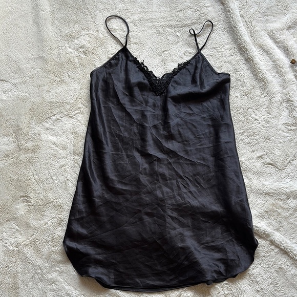 Secret Treasures Vintage Black Satin Slip Dress – Size Medium | Lace Trim | - Picture 1 of 6